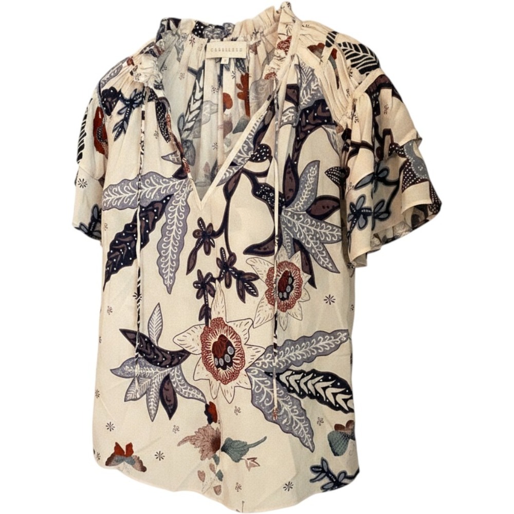 Caballero Size S Kelsie Top Floral V-Neck Ruffle Flutter Sleeve Viscose Blouse